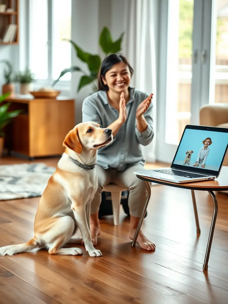 A dog successfully performing a command during a virtual training session, with the owner praising the dog.