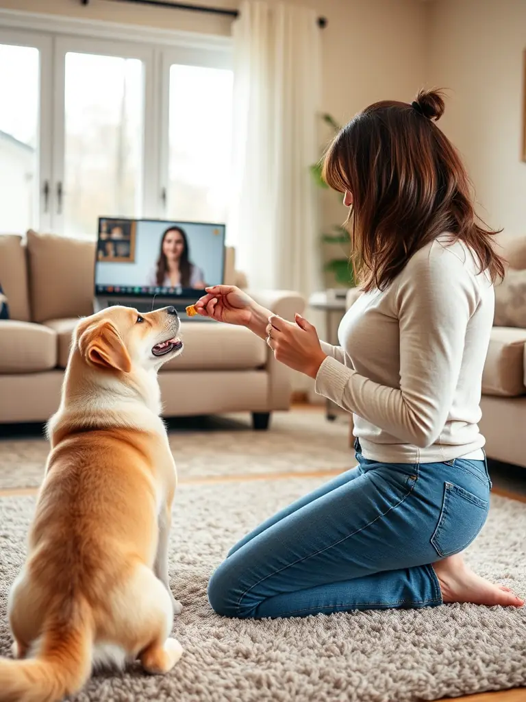 An image of a dog owner practicing training techniques at home, guided by the trainer on a laptop screen, emphasizing the convenience of virtual training.