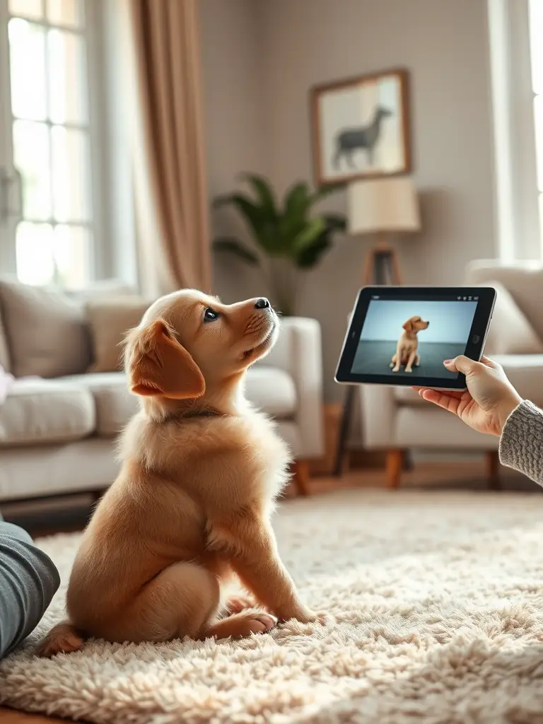 A golden retriever puppy attentively watching its owner during a virtual training session on a laptop, set in a cozy living room.