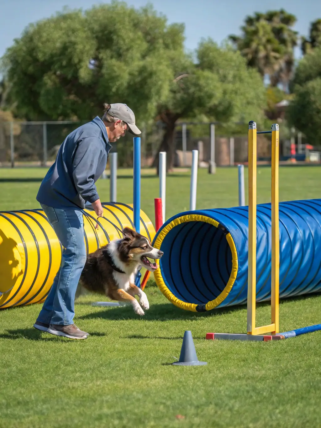 A Border Collie expertly navigating an agility course, with the owner guiding him with clear signals, demonstrating the advanced level.