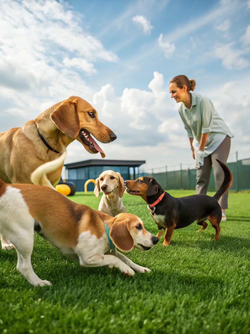 A collage showcasing various dog breeds (Labrador, German Shepherd, Poodle, Bulldog) successfully completing training exercises during virtual sessions.