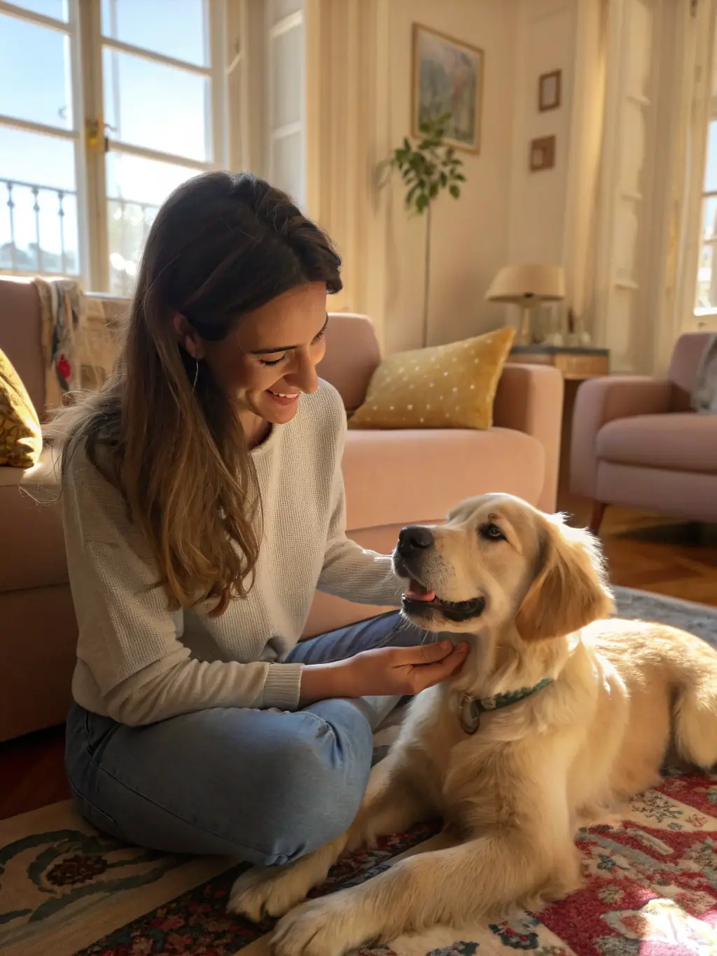 A golden retriever puppy attentively watching a laptop screen during a virtual training session, with a smiling owner beside him, in a bright living room setting, representing the beginner level.
