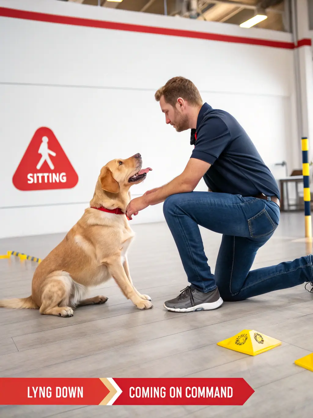A split-screen showing a dog trainer demonstrating a technique on their dog and a client mirroring the action with their dog at home.