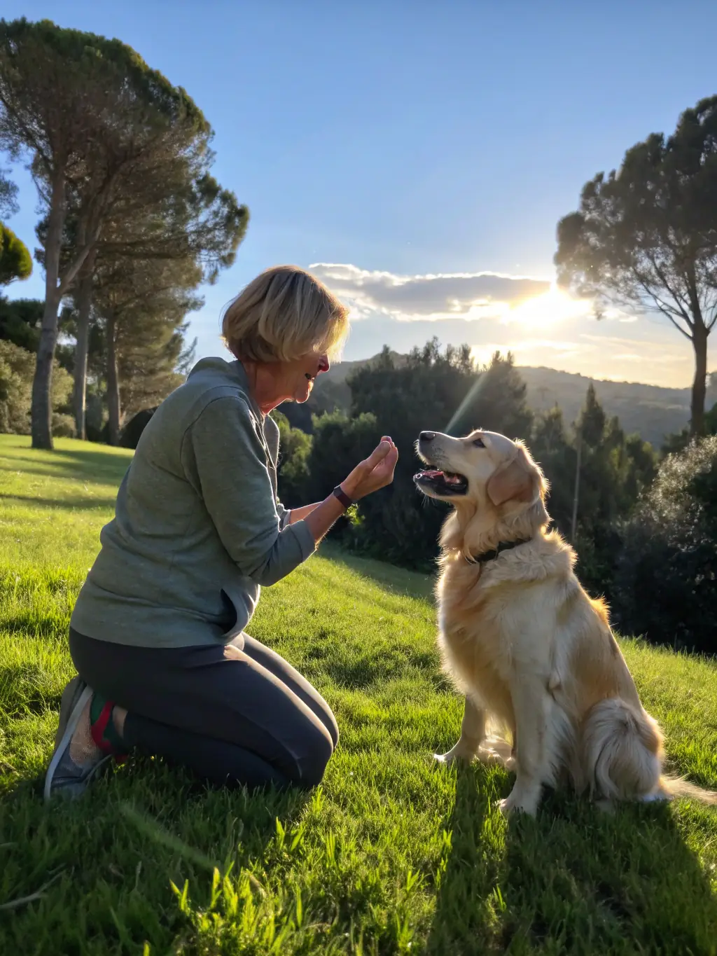 A happy dog owner giving a treat to their well-behaved dog after a successful virtual training session, both smiling.