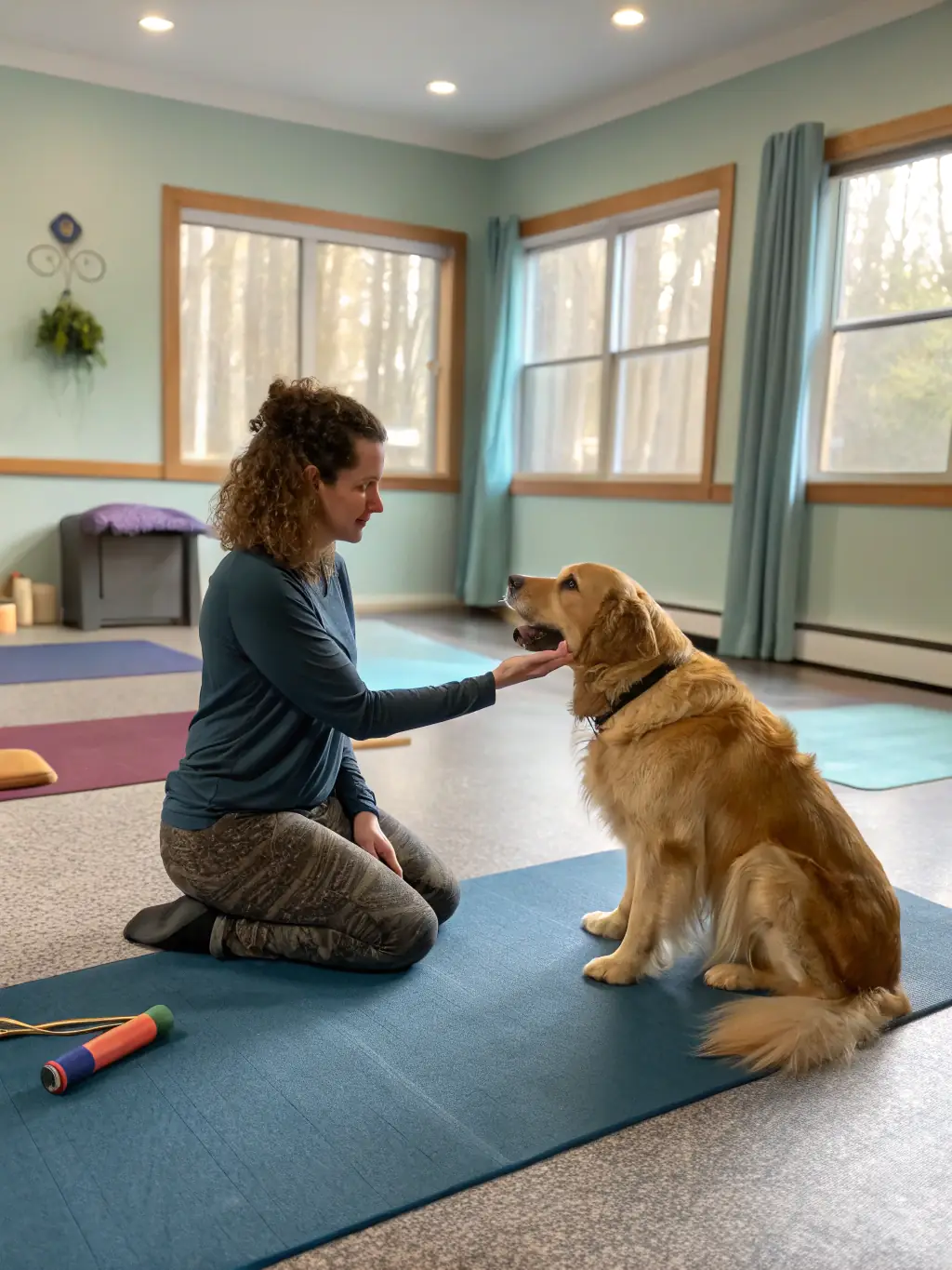 A focused image of a dog owner actively participating in a virtual training session, with the trainer visible on the screen, guiding the owner through a specific command.