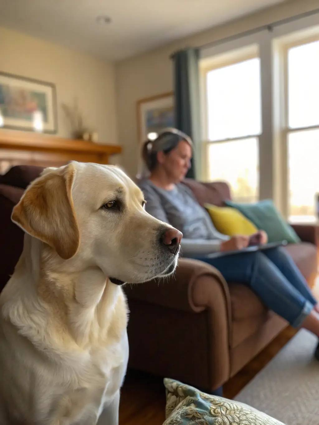 A calm and confident Labrador Retriever assisting its owner with a task, such as retrieving an item, in a home environment, representing the specialized training.