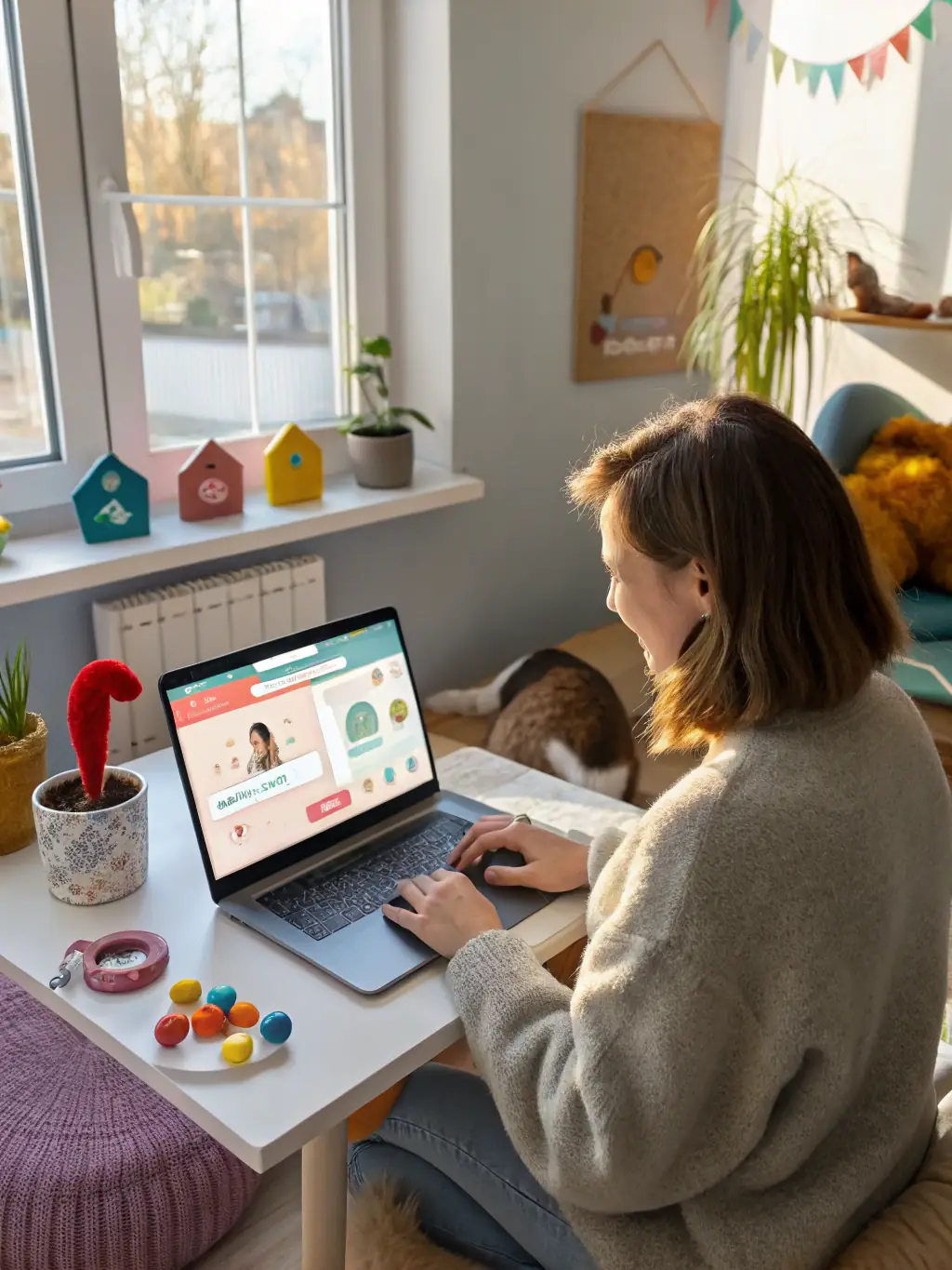 A dog owner happily participating in a virtual training session on their laptop, with their dog attentively watching the screen.