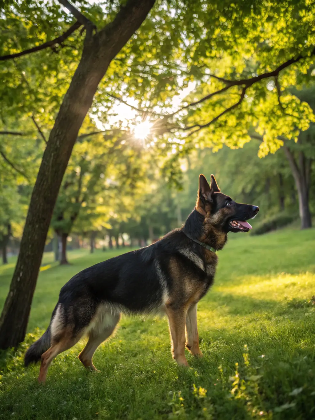 A young German Shepherd confidently performing the 'stay' command in a park, with the owner giving a thumbs-up, showcasing the intermediate level.