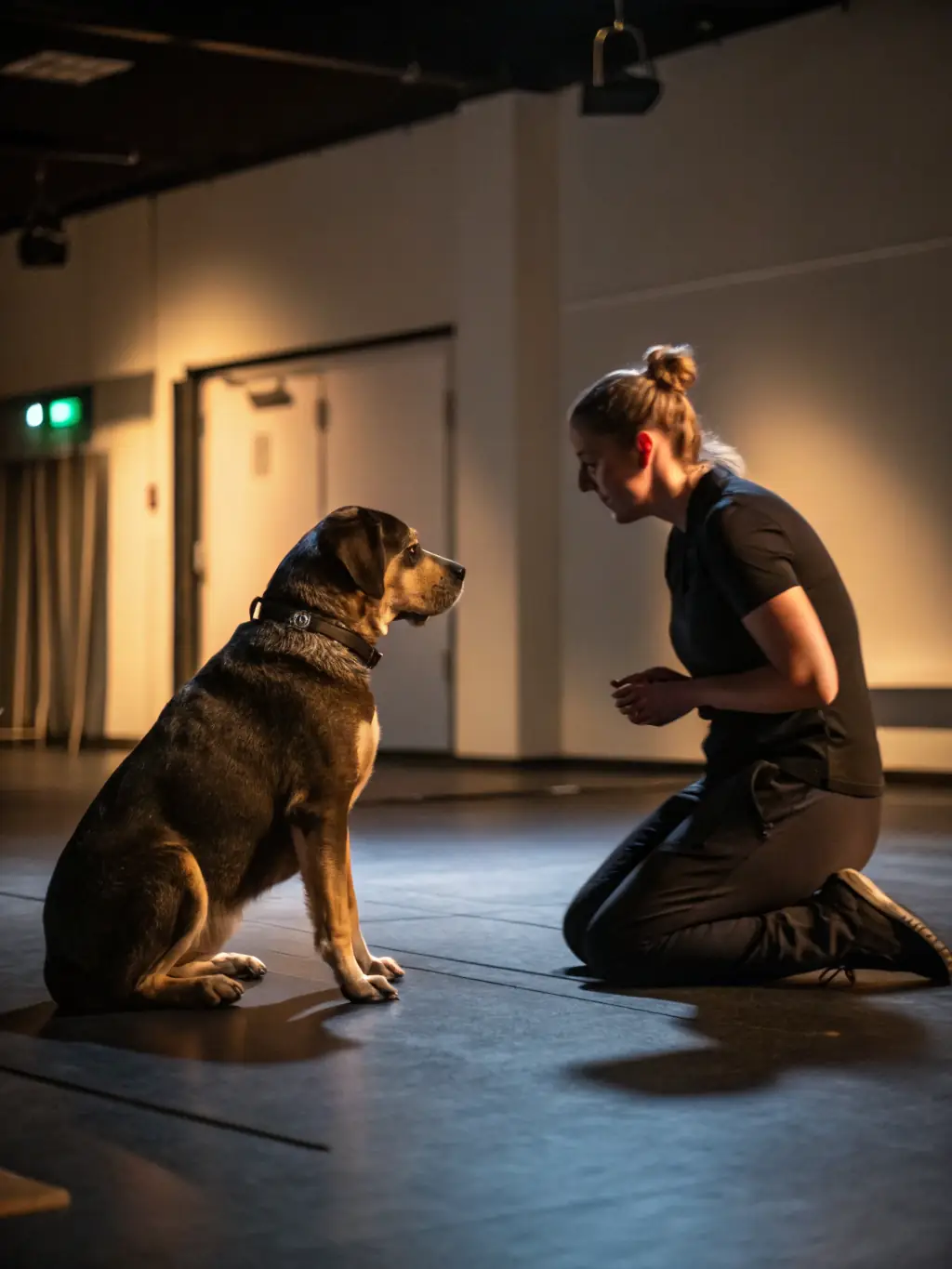 A person training his dog in his living room, following instructions from a laptop screen.